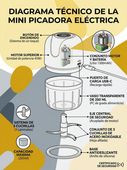 Mini Picadora Eléctrica Inalámbrica VANTRO — 250ml, Recargable USB
